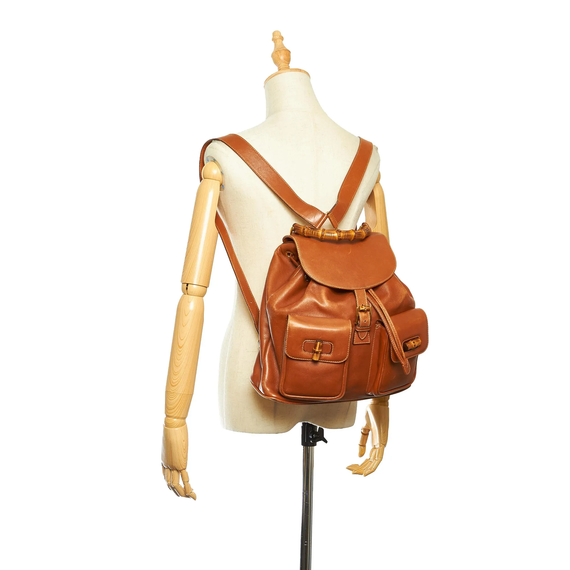 Bamboo Drawstring Leather Backpack Brown