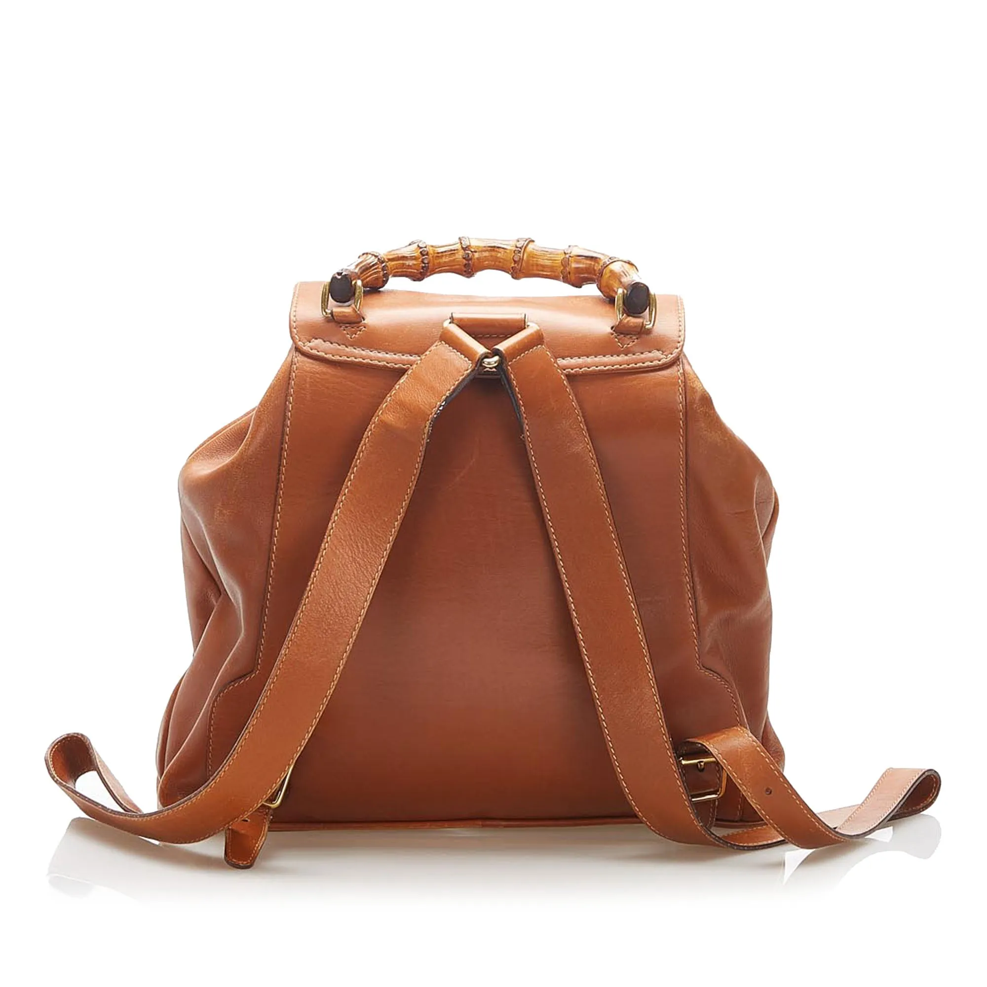 Bamboo Drawstring Leather Backpack Brown