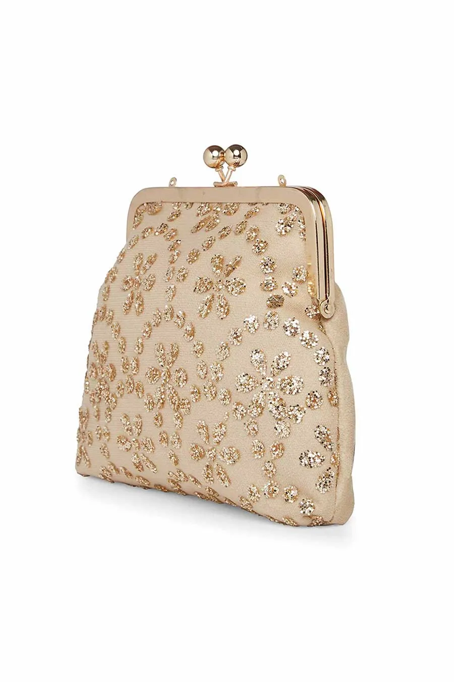 Beige Embroidered Pouch Clutch