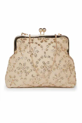 Beige Embroidered Pouch Clutch