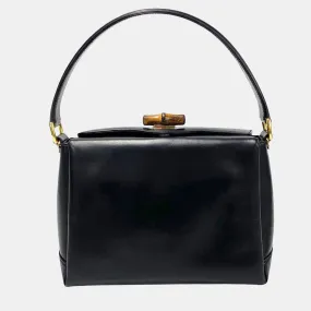 Black Leather Box Calf Bamboo Top Handle Bag