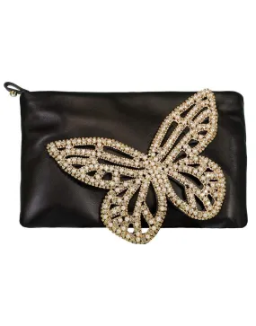 Butterfly Flossy Crystal Clutch - Black & Pearl