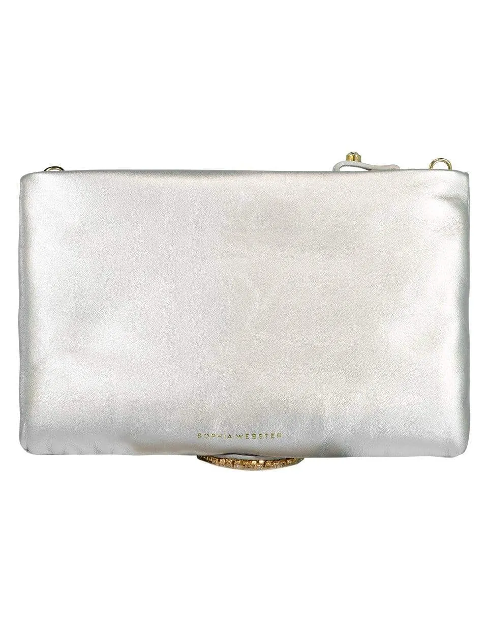 Butterfly Flossy Crystal Clutch - Silver & Pearl