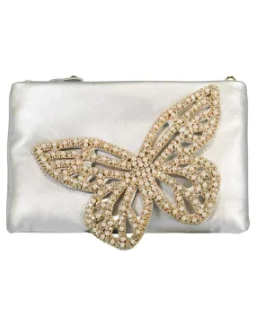 Butterfly Flossy Crystal Clutch - Silver & Pearl