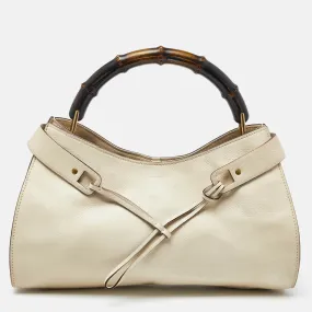 Cream Leather Bamboo Top Handle Bag