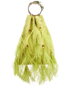 Feather Embellished Clutch Bag in Verde Lime