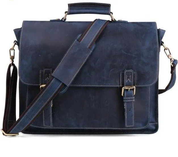 Genuine Leather Mens Briefcase Casual Messenger Bag Blue