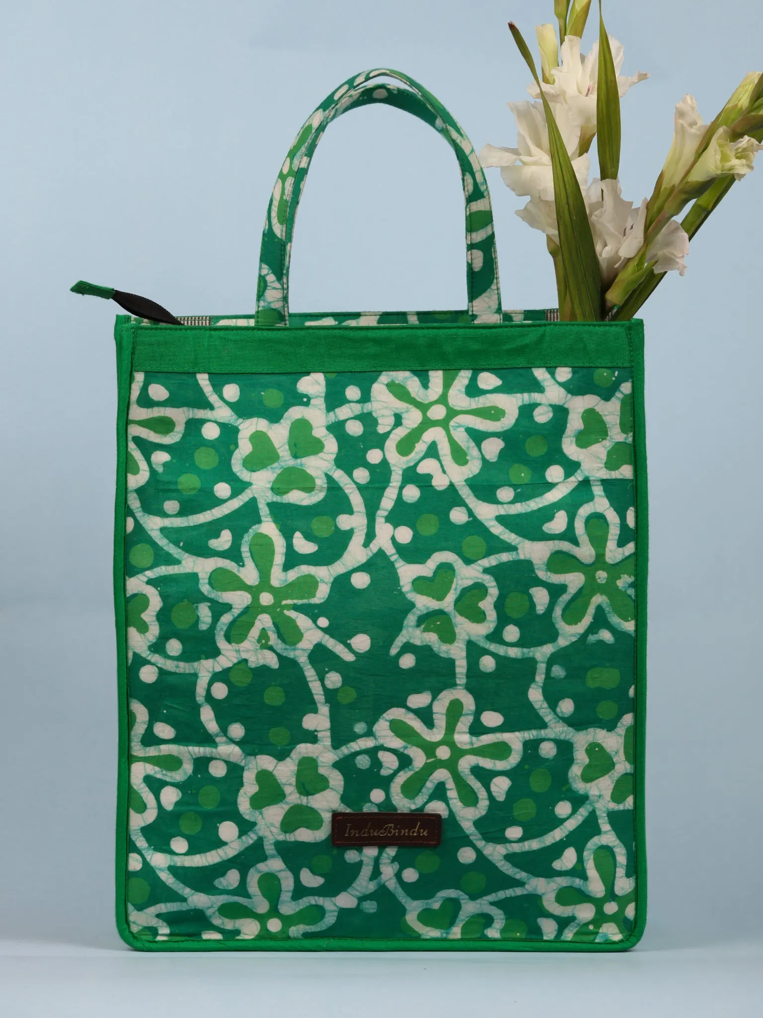 Green White Hand Block Printed Tote Bag - B0301