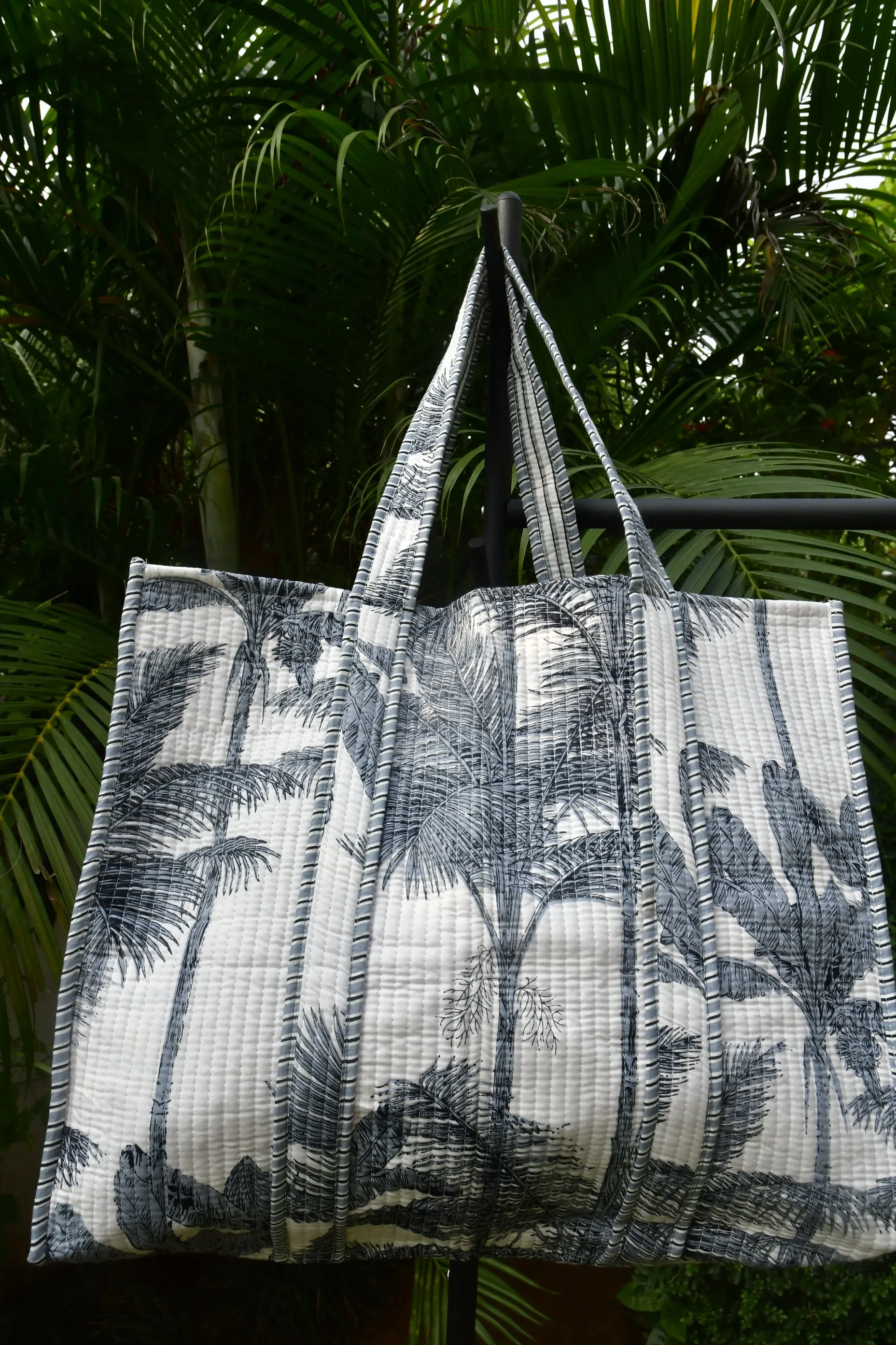 Grey White Palm Tree Tote Bag