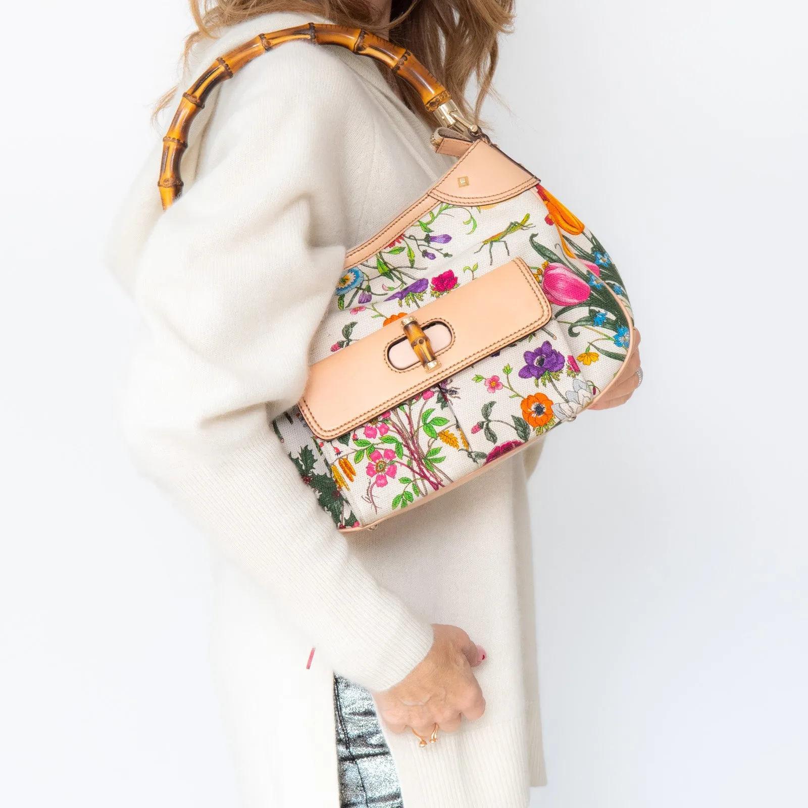 Gucci Bamboo Handle Floral Canvas Shoulder Bag