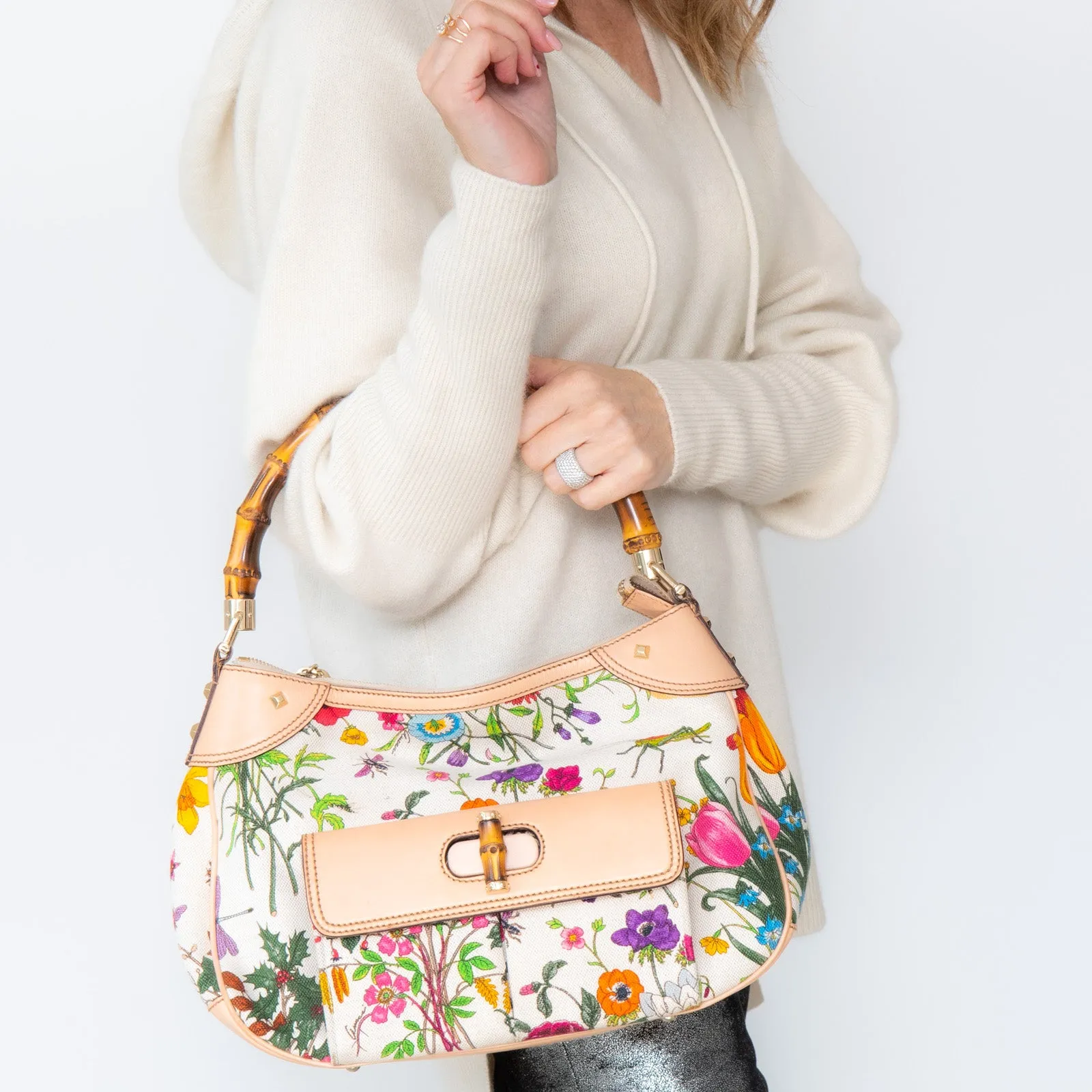 Gucci Bamboo Handle Floral Canvas Shoulder Bag