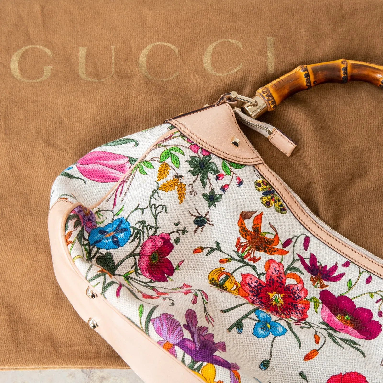 Gucci Bamboo Handle Floral Canvas Shoulder Bag