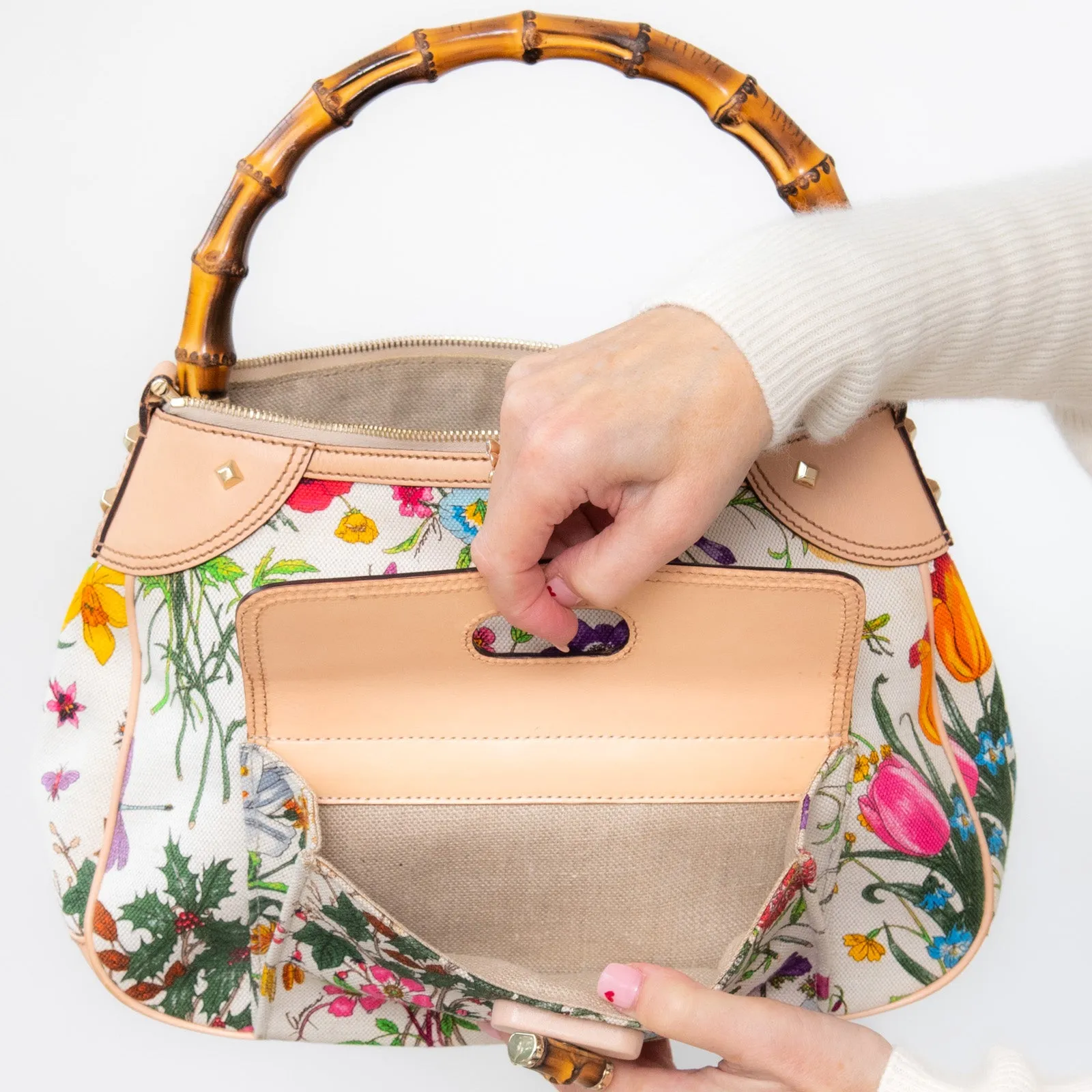 Gucci Bamboo Handle Floral Canvas Shoulder Bag