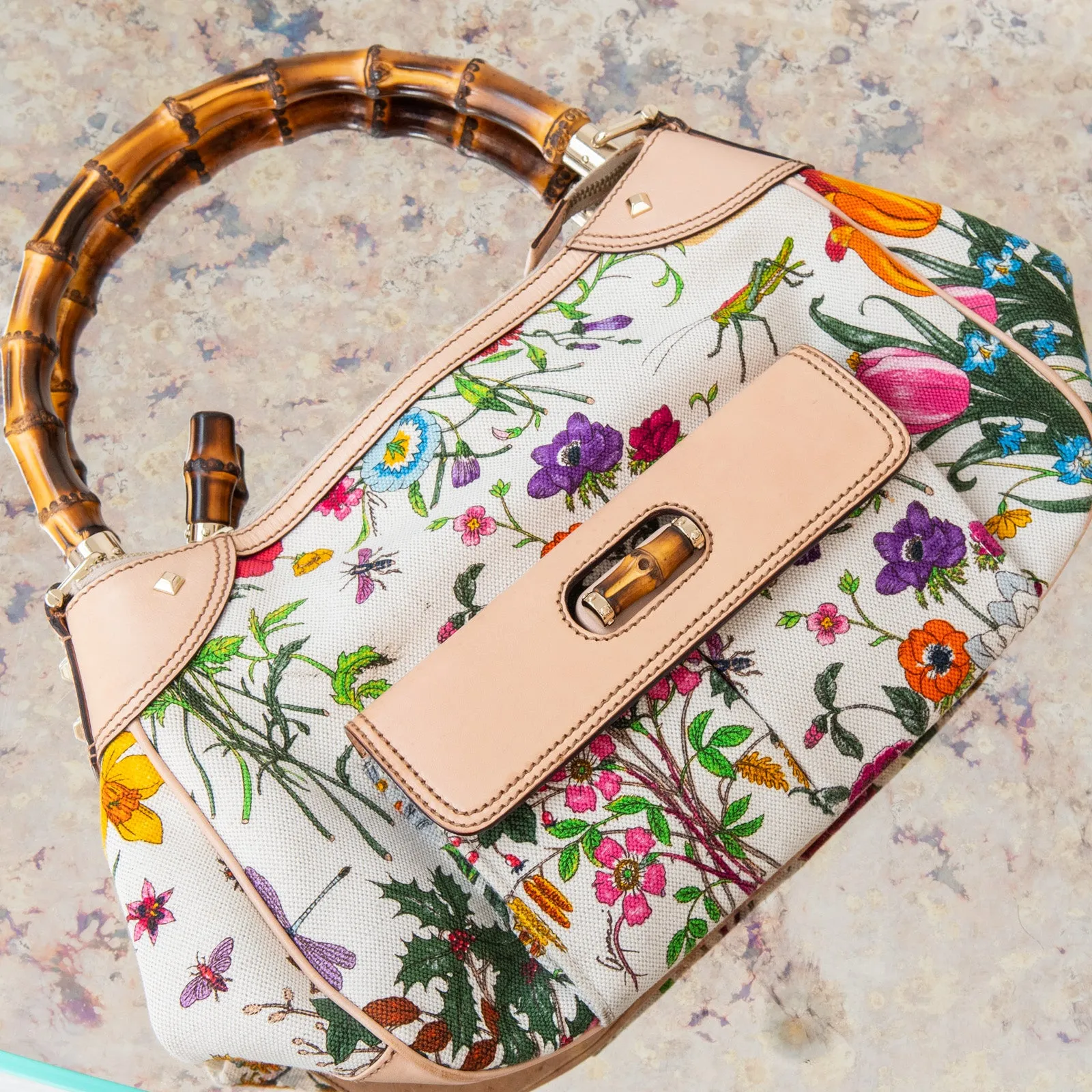 Gucci Bamboo Handle Floral Canvas Shoulder Bag