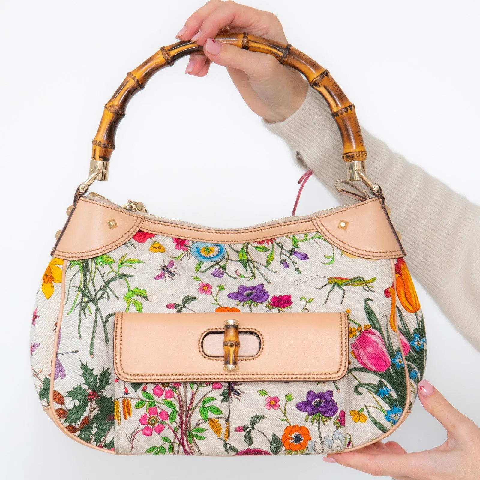 Gucci Bamboo Handle Floral Canvas Shoulder Bag