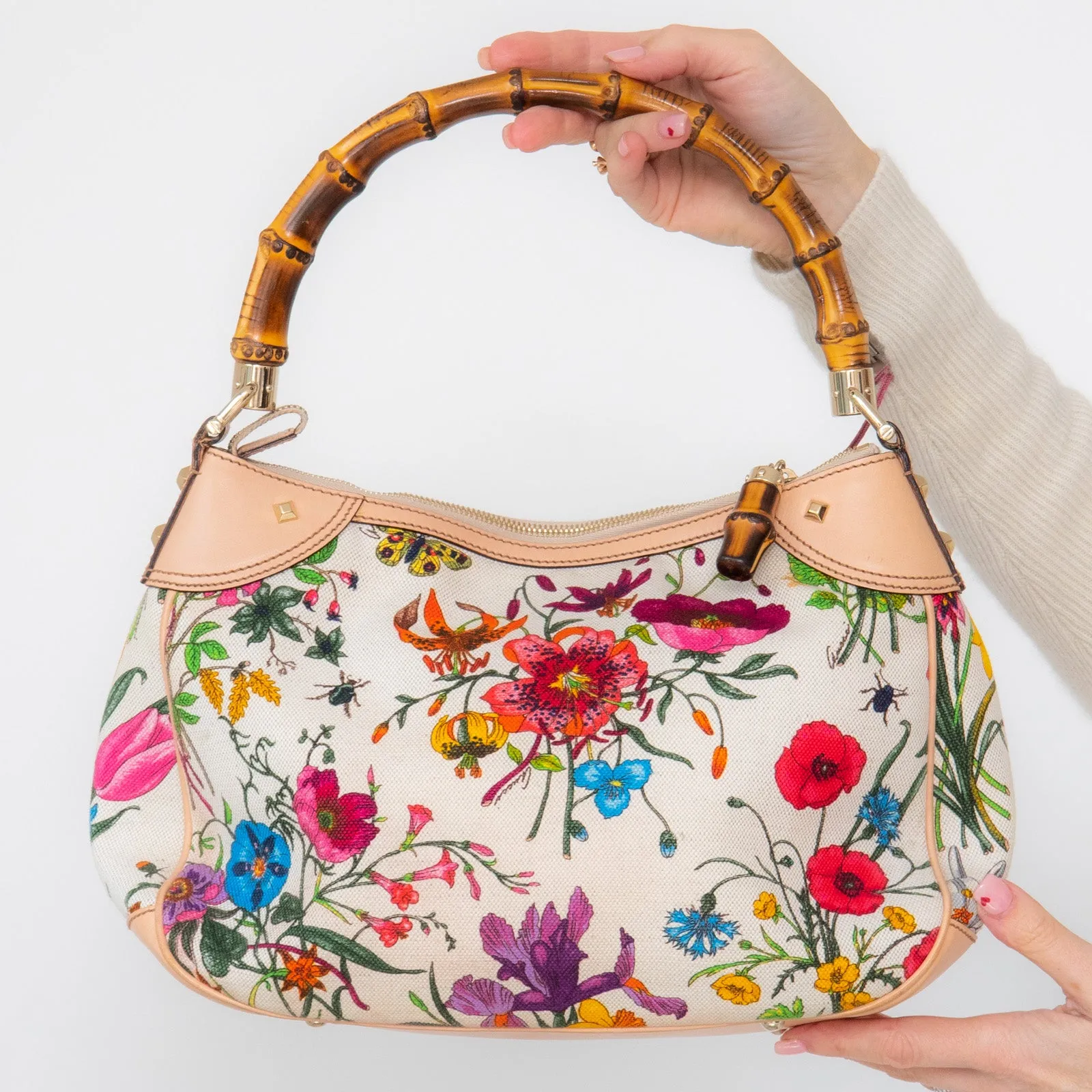 Gucci Bamboo Handle Floral Canvas Shoulder Bag