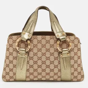 Metallic/Beige GG Canvas and Leather Bamboo Ring Satchel