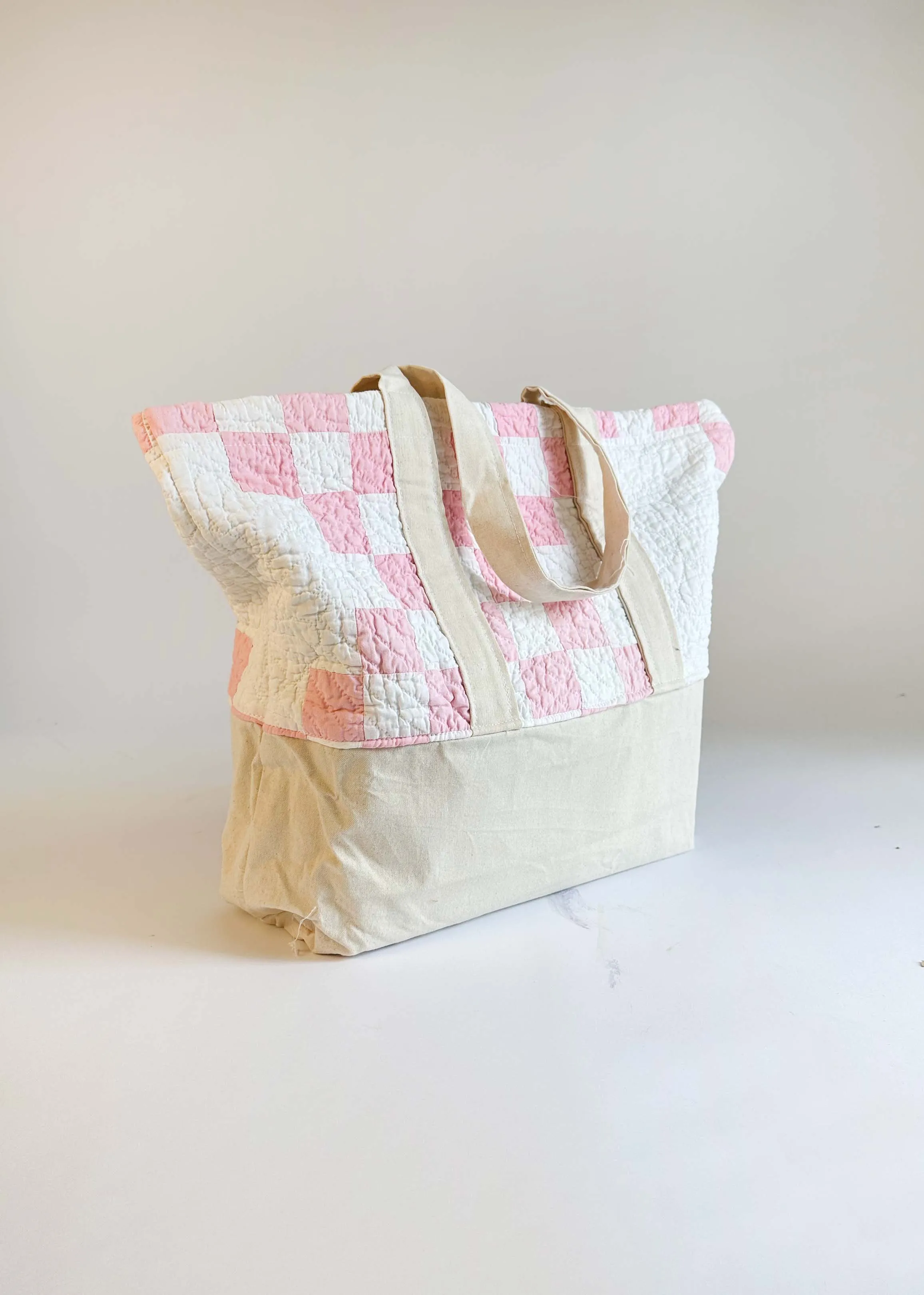 Pink and White  Recycled Quilt Canvas Bag