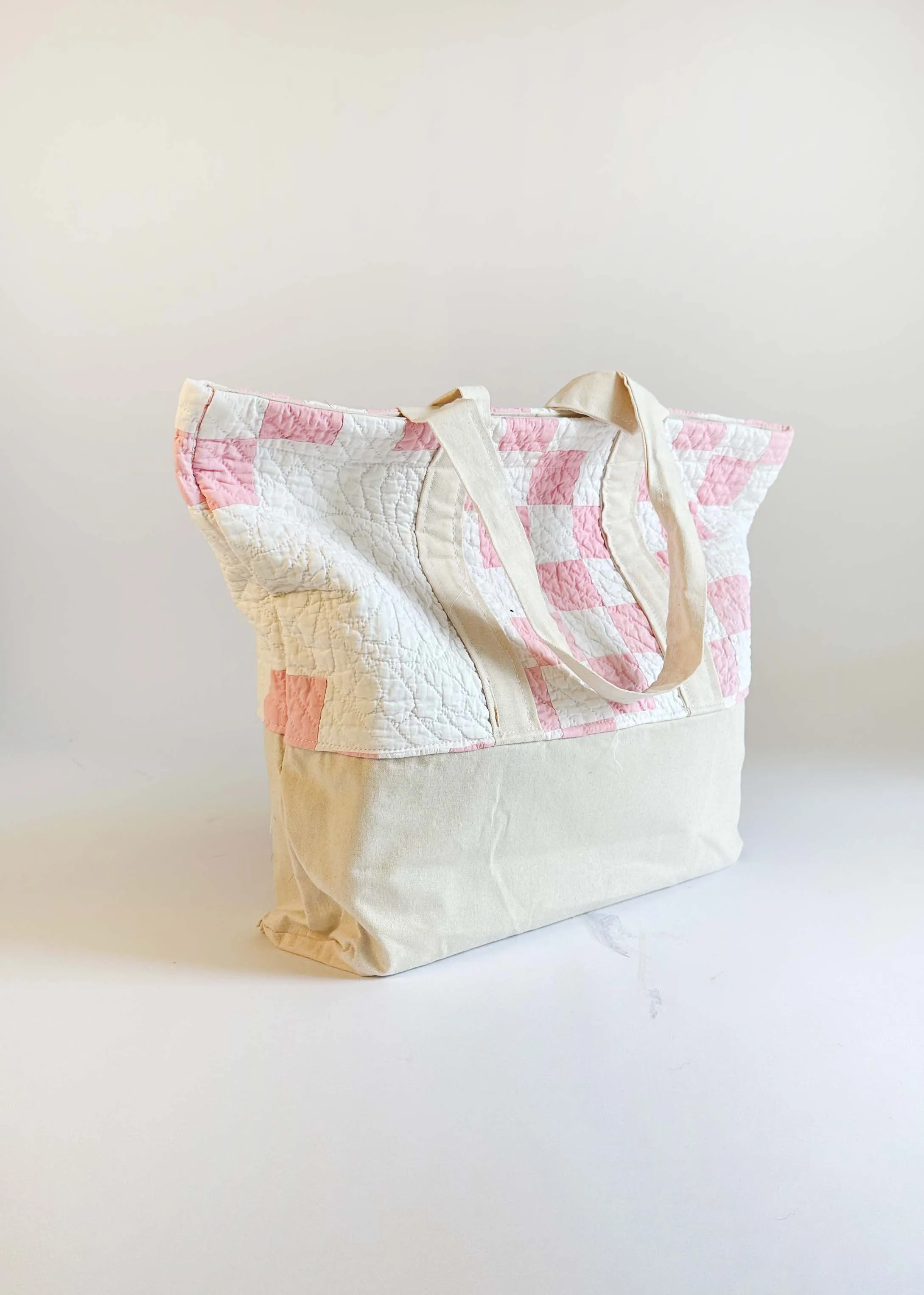 Pink and White  Recycled Quilt Canvas Bag