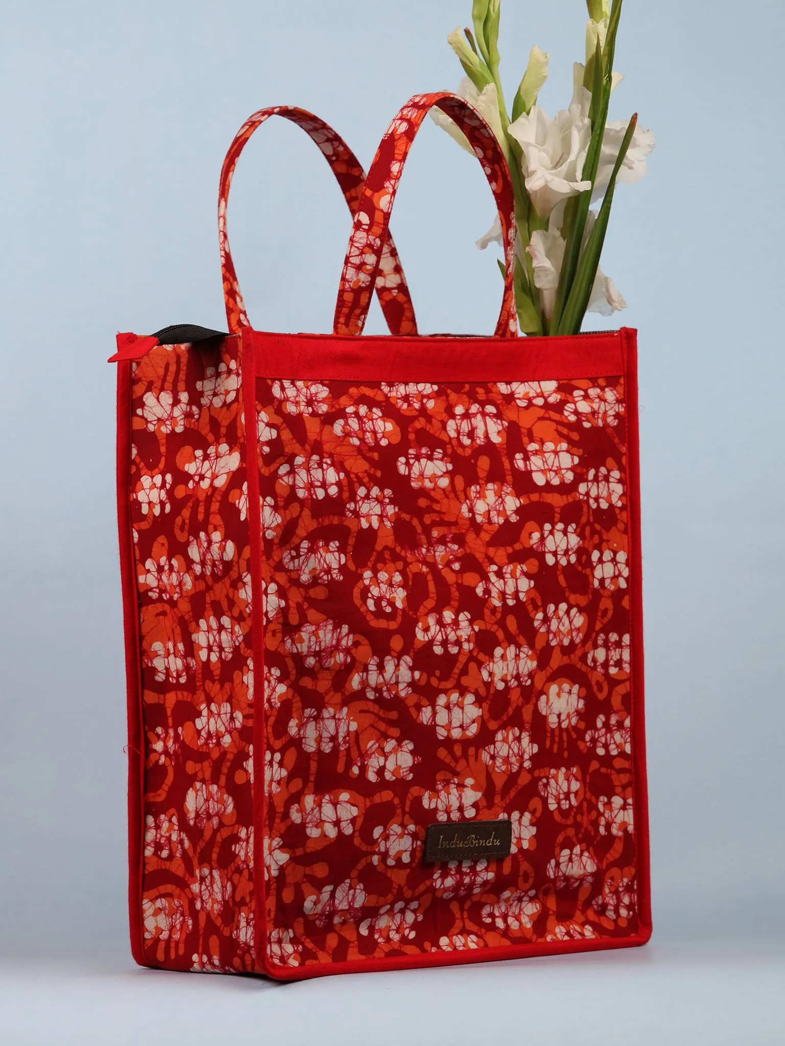 Red White Hand Block Printed Tote Bag - B0303