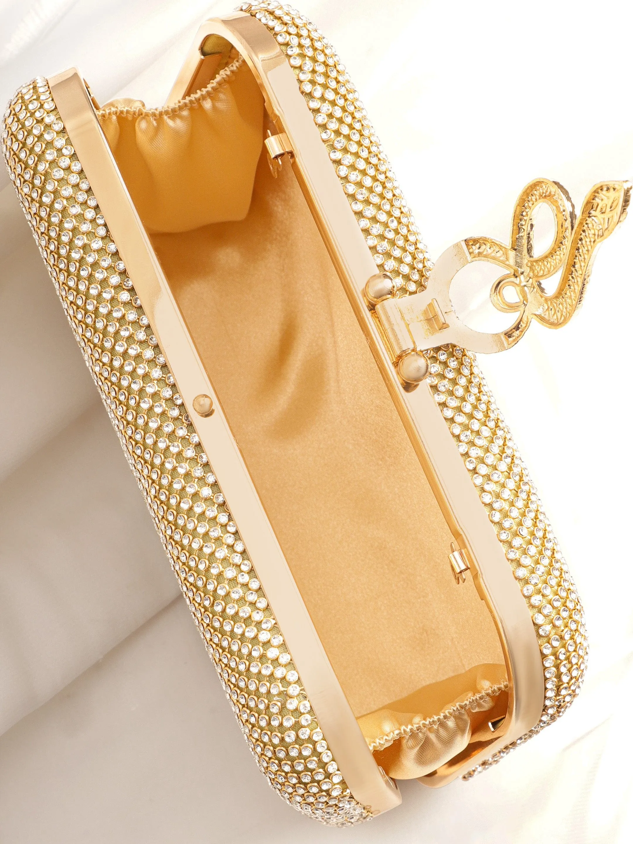 Rubans Gold With Dazzling Crystal Zirconia Embellished Serpent motif Clutch handbag