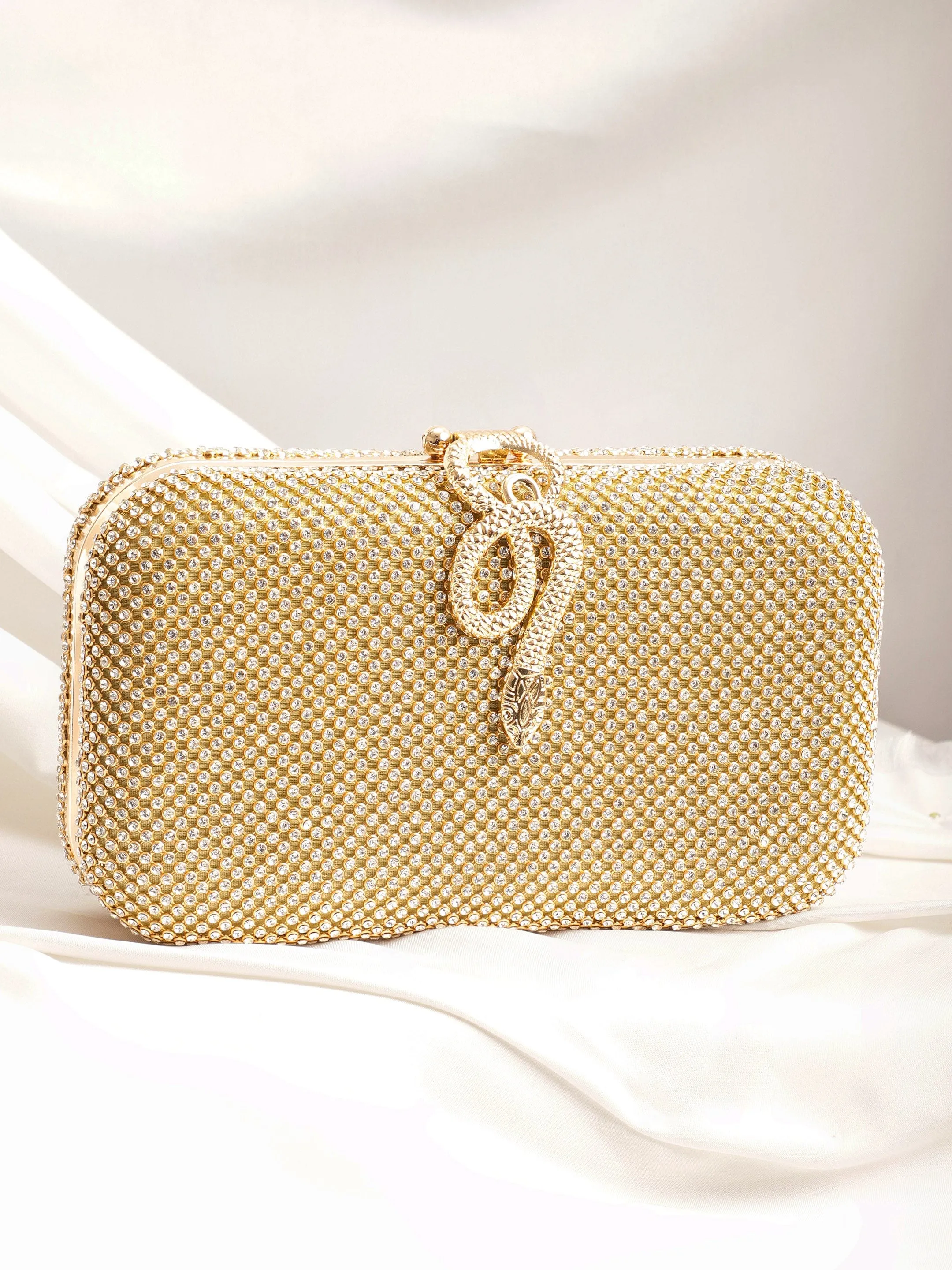 Rubans Gold With Dazzling Crystal Zirconia Embellished Serpent motif Clutch handbag