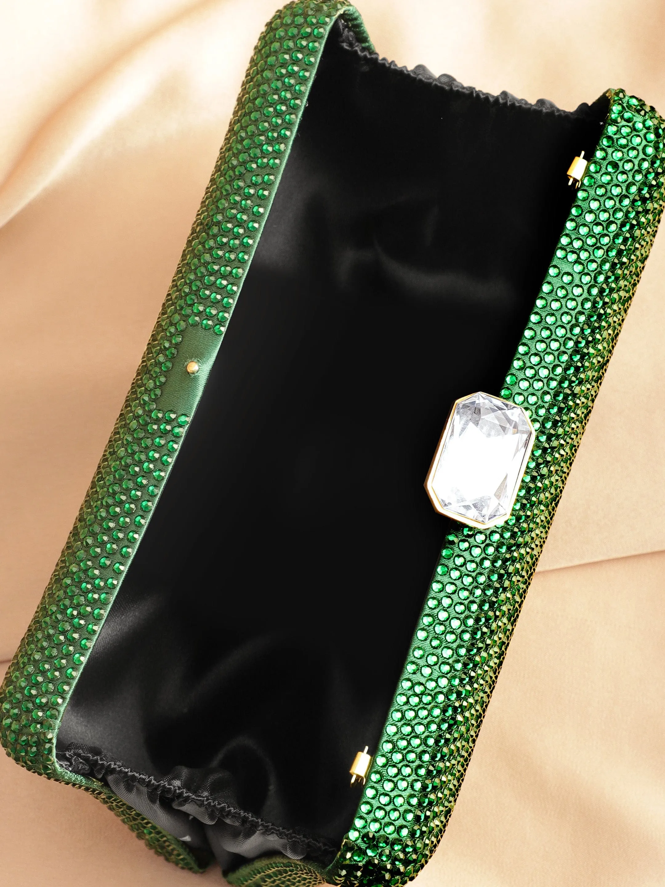 Rubans Green With Dazzling Crystal Zirconia Embellished Contemporary Clutch handbag