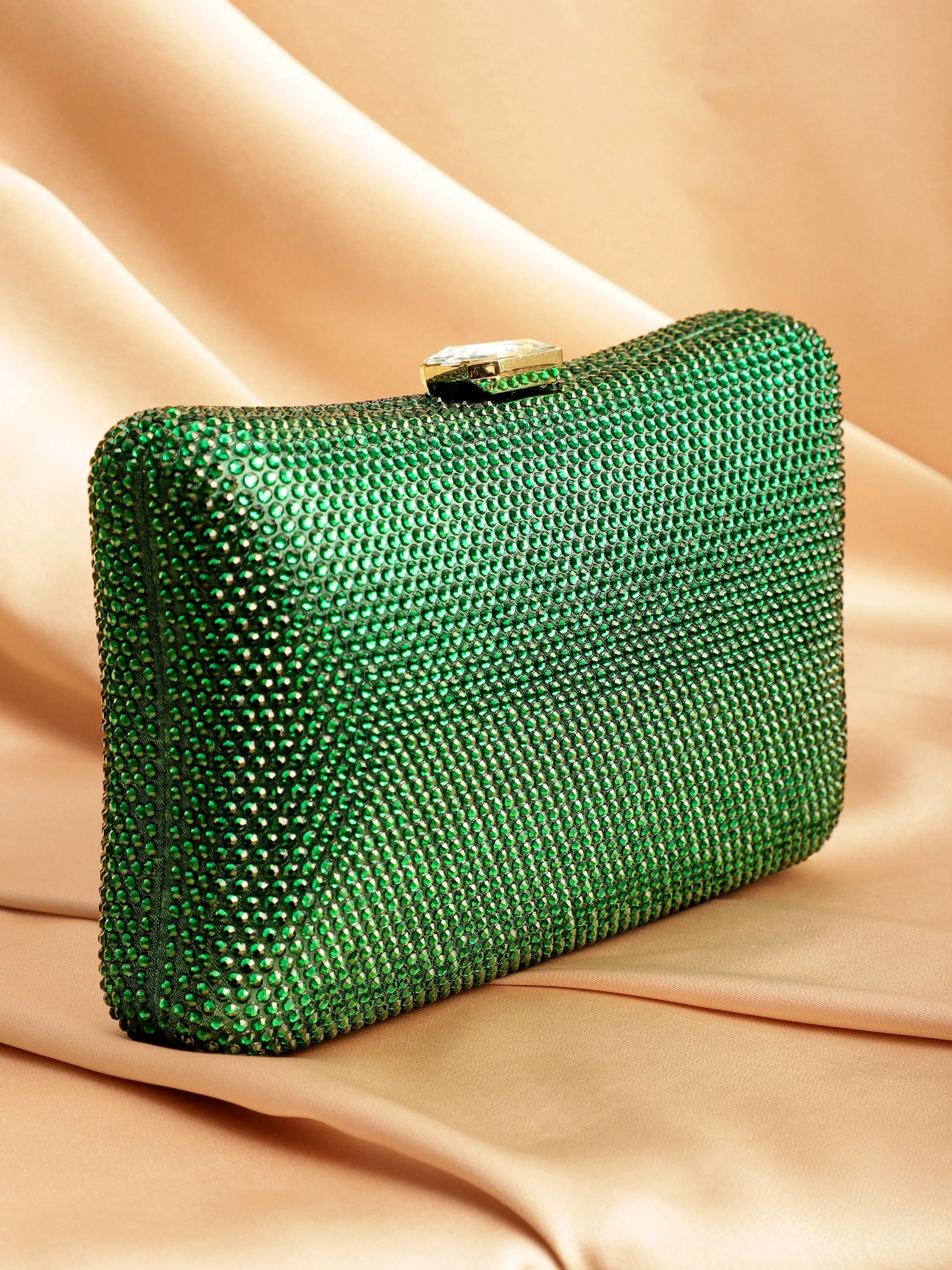 Rubans Green With Dazzling Crystal Zirconia Embellished Contemporary Clutch handbag