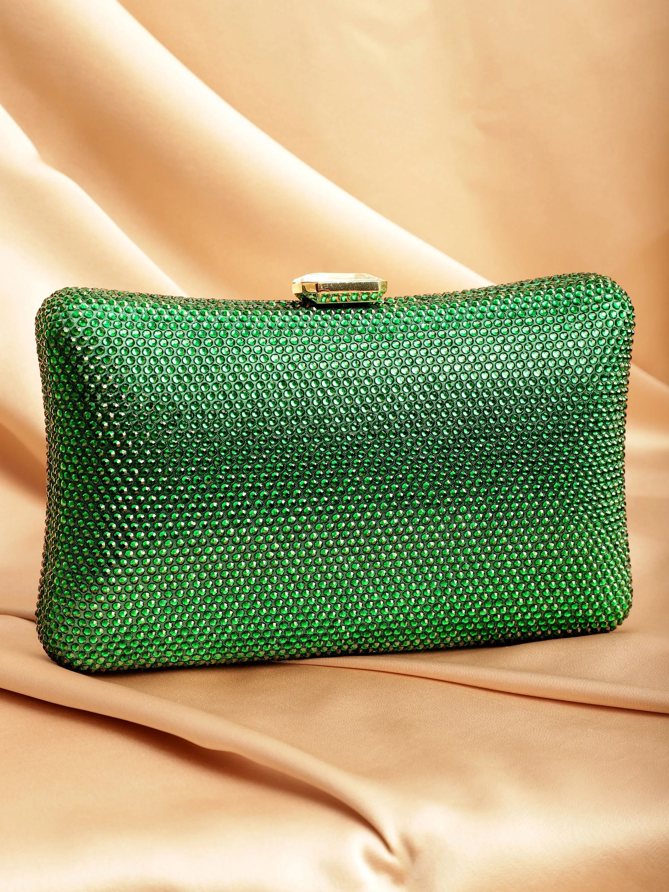 Rubans Green With Dazzling Crystal Zirconia Embellished Contemporary Clutch handbag