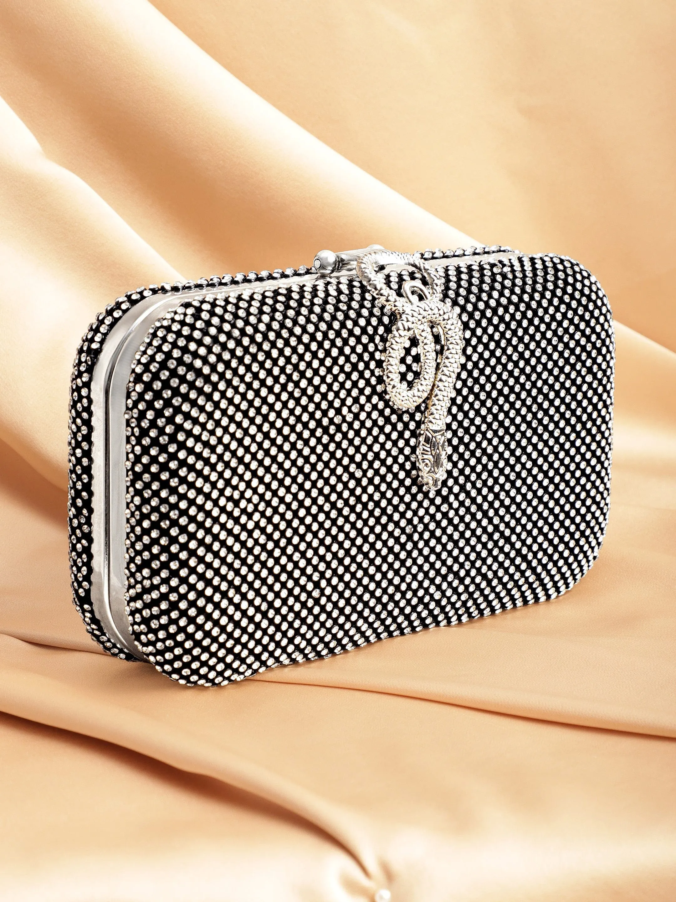 Rubans Grey With Dazzling Crystal Zirconia Embellished Serpent motif Clutch handbag