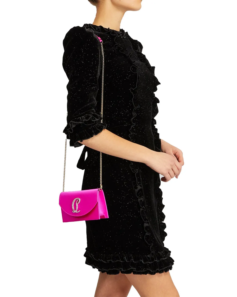 Small Loubi54 Satin Embellished Clutch in Holly Pink