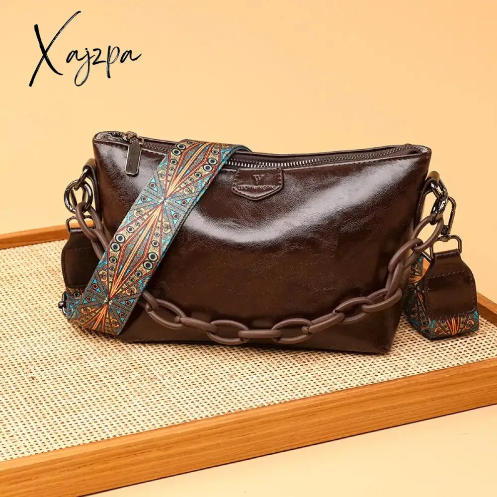 Xajzpa - Vintage Oil Wax Leather Shoulder Crossbody Bags For Women New Designer Chains Handbag Luxury Soft Female Messenger Tote Sac