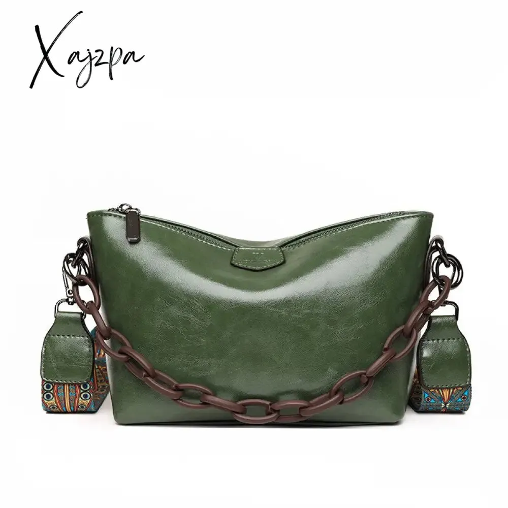 Xajzpa - Vintage Oil Wax Leather Shoulder Crossbody Bags For Women New Designer Chains Handbag Luxury Soft Female Messenger Tote Sac