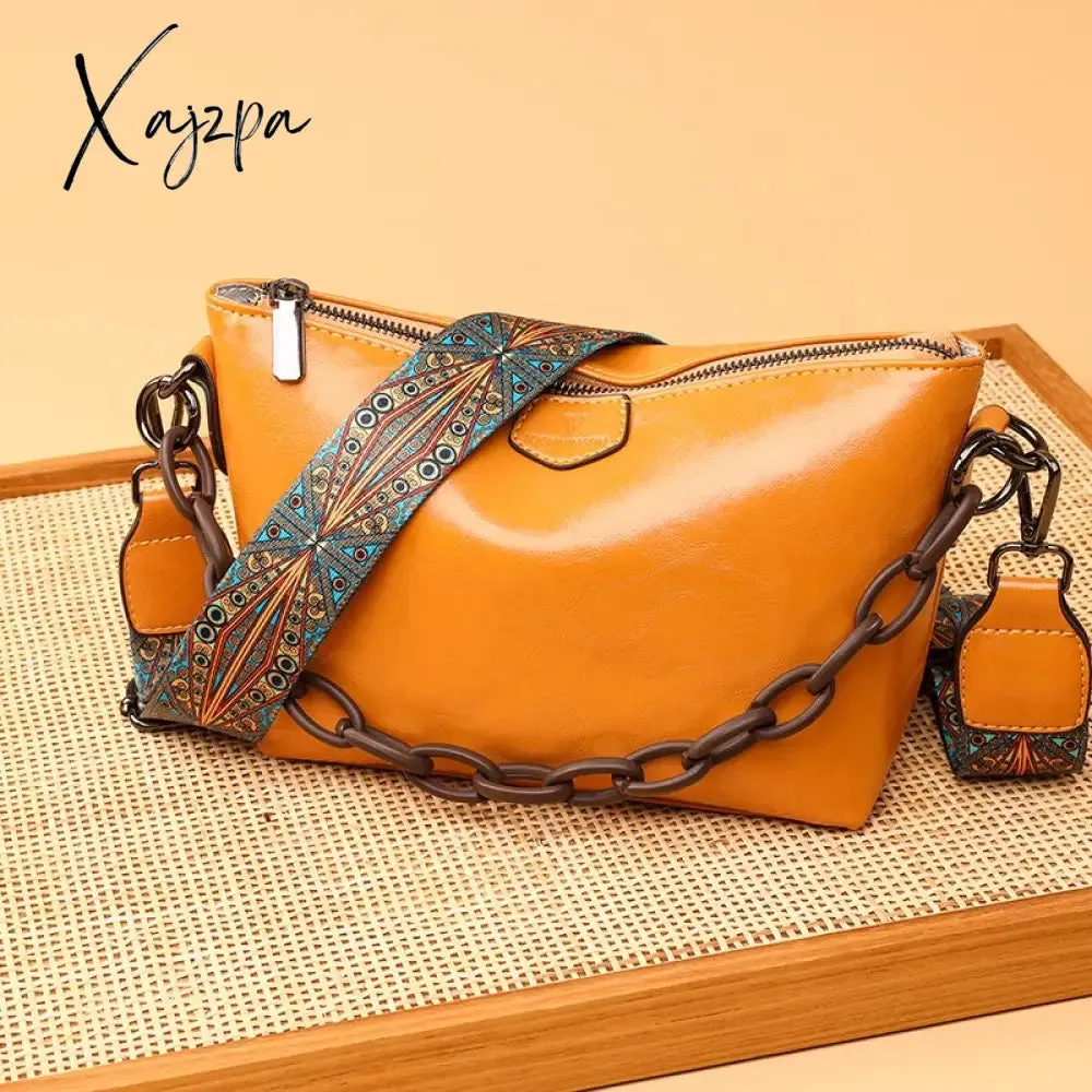 Xajzpa - Vintage Oil Wax Leather Shoulder Crossbody Bags For Women New Designer Chains Handbag Luxury Soft Female Messenger Tote Sac