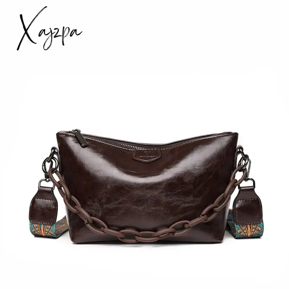 Xajzpa - Vintage Oil Wax Leather Shoulder Crossbody Bags For Women New Designer Chains Handbag Luxury Soft Female Messenger Tote Sac