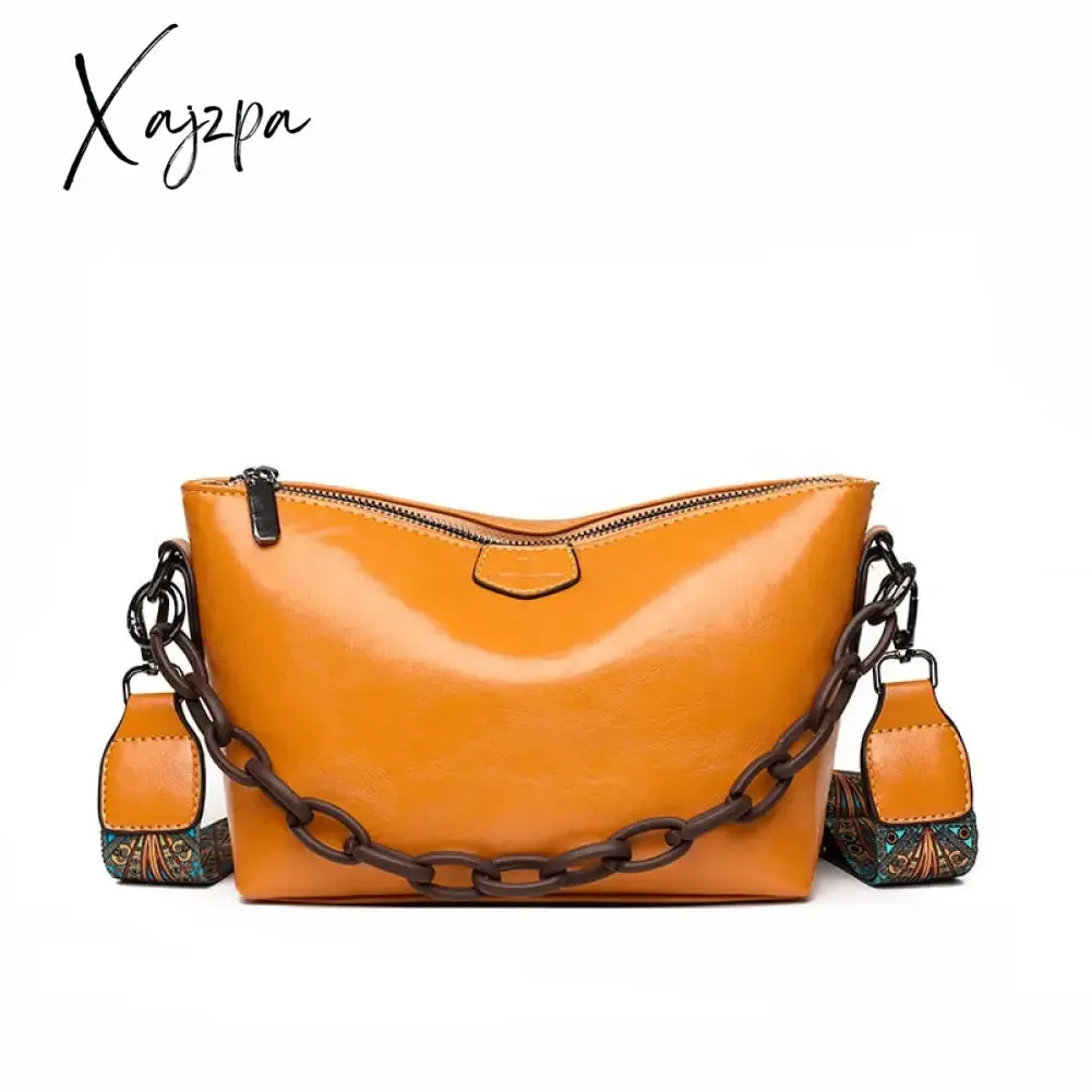 Xajzpa - Vintage Oil Wax Leather Shoulder Crossbody Bags For Women New Designer Chains Handbag Luxury Soft Female Messenger Tote Sac