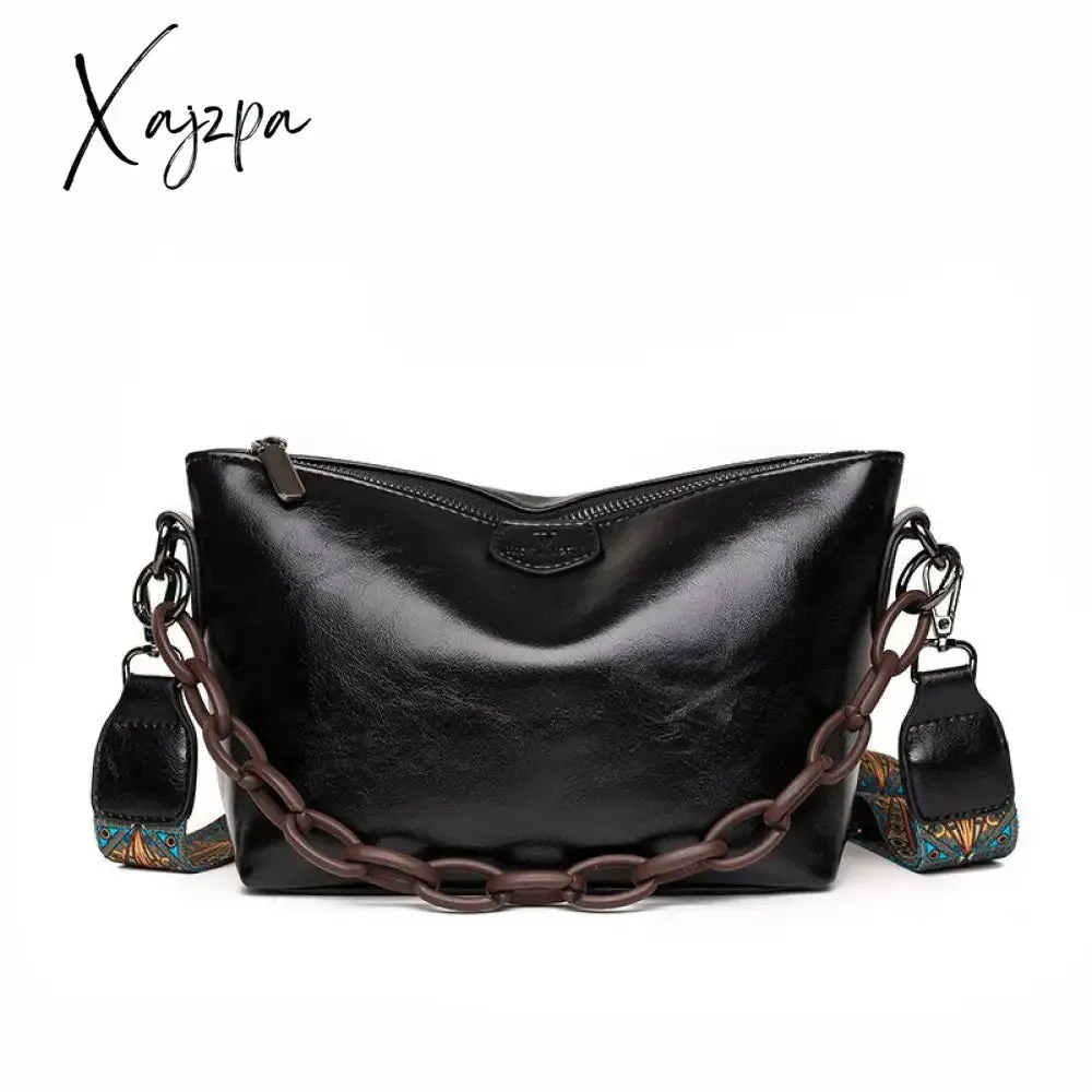 Xajzpa - Vintage Oil Wax Leather Shoulder Crossbody Bags For Women New Designer Chains Handbag Luxury Soft Female Messenger Tote Sac