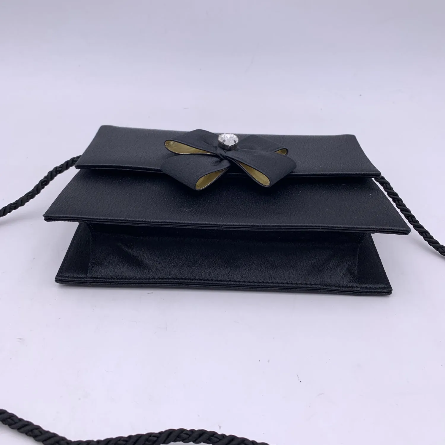 Yves Saint Laurent Vintage Black Satin Clutch Bag Embellished Bow